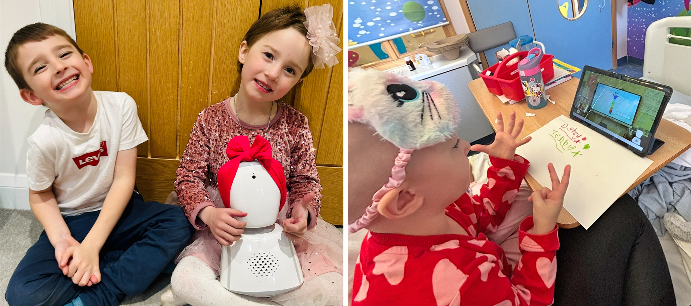Split image: Girl and boy sitting together with robot, and girl in hospital looking at a screen and counting on her fingers
