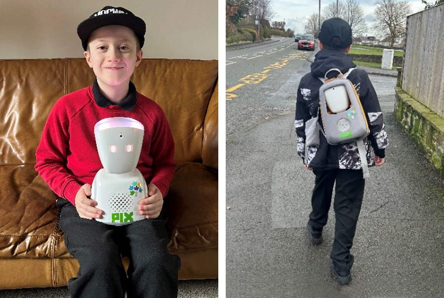 Two images: one shows a smiling young boy sat on a sofa holding a small robot, the other is a back view of the boy with the robot in a backpack.