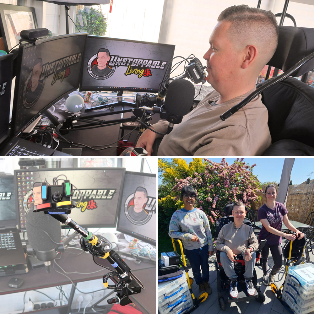 Three images: first shows a seated young man in front of gaming monitors using a chin and mouth controlled gaming controller setup. Second image shows detail of the controller: a small joystick with a custom topper, mounted on articulated arm. The joystick is surrounded by four low force switches. connector is attached to the lower part of the arm. Third image, taken in a garden, shows two women leaning on stacks of boxes either side of the young man.
