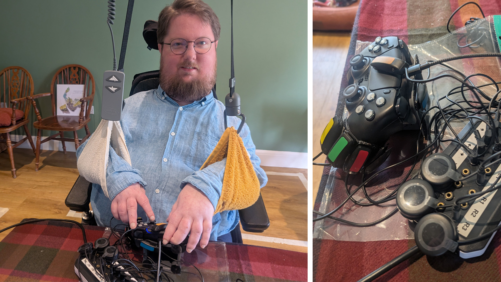 Seated man using adapted gaming setup, and a close up of the controls